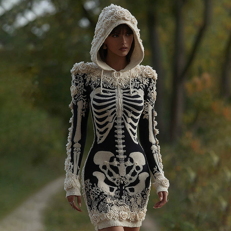 Women's Vintage Halloween Skeleton Bones With Rose Art Cozy Knit Hooded Sweater Dress