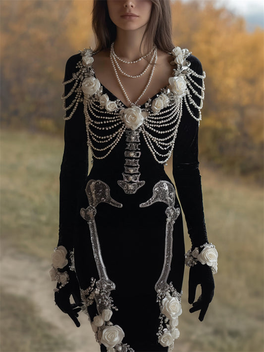 Vintage White Roses Skeleton Pearls V Neck Velvet Maxi Dress