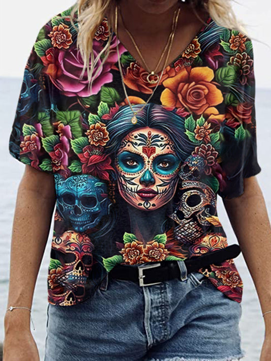 Mexican Sugar Skeleton La Catrina Day Of The Dead Inspired Art Inspired Painting V-Neck T-Shirt