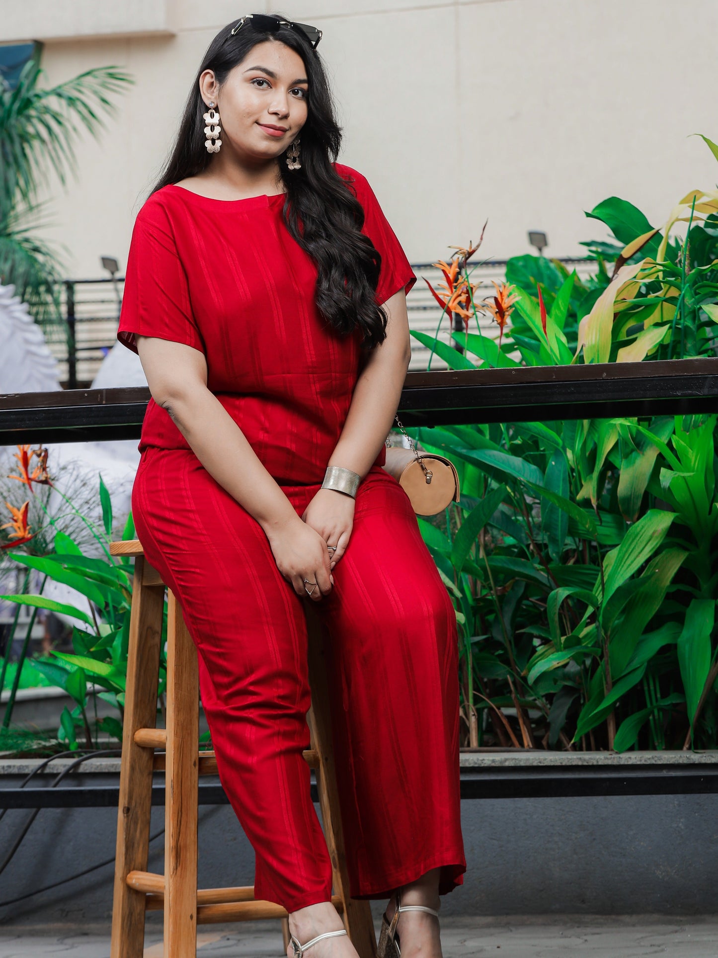 Rayon Round Neck Co-ord Sets Dark Red