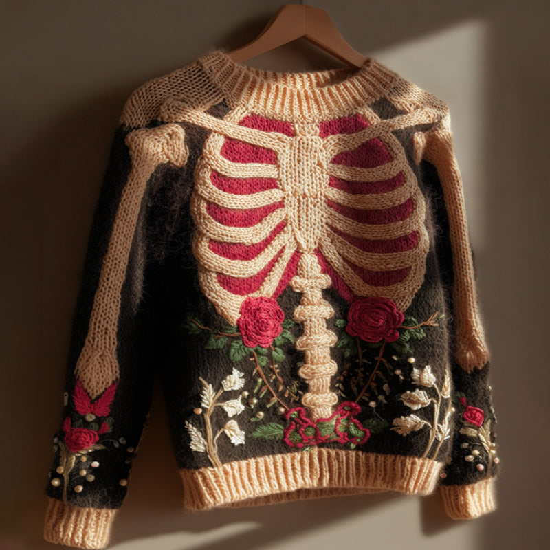 Vintage Halloween Human Anatomy Art Sense Thick Needle Round Neck Sweater