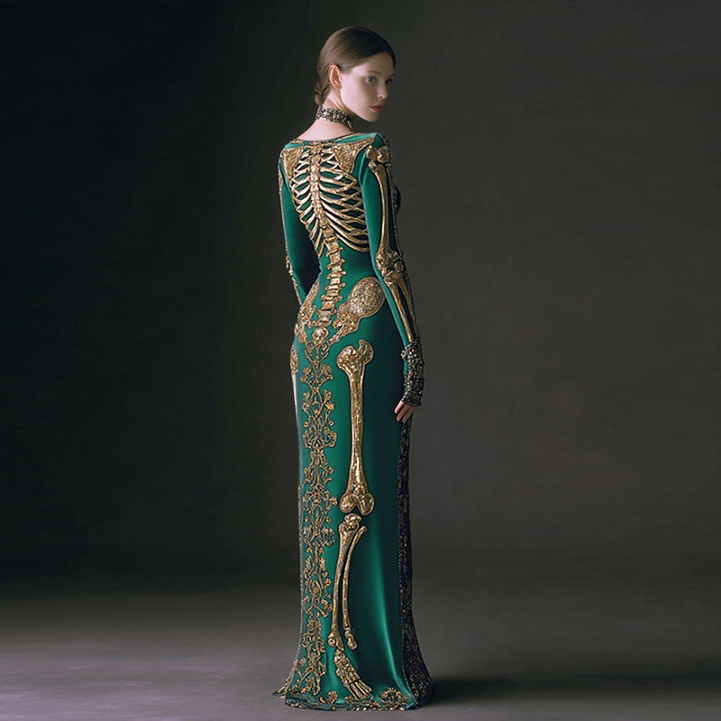 Women's Halloween Dark Brother Skull Velvet Round Neck Maxi Dress