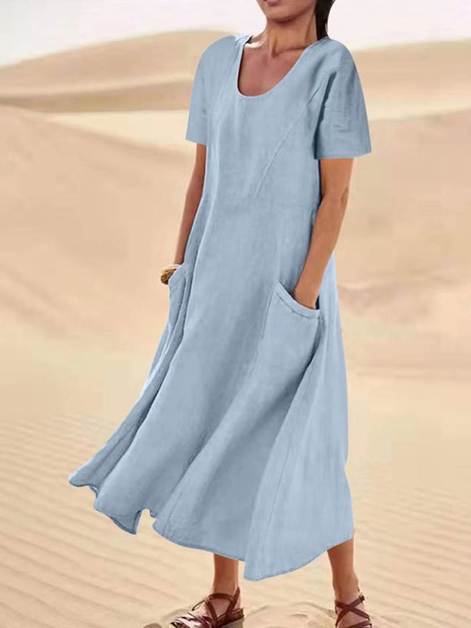 Solid Cotton Linen Pocket Short Sleeve Round Neck Dress