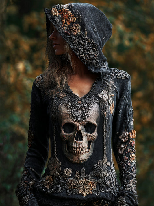 Vintage Skull Floral Beaded Slim Fit Hooded T Shirt