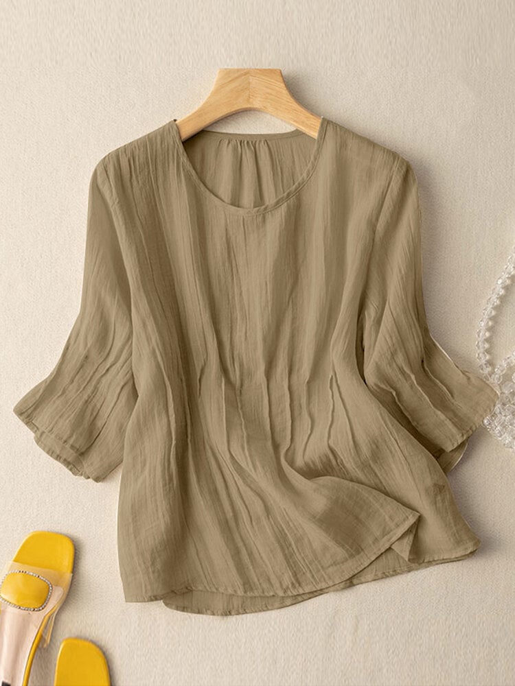 Solid Crew Neck Casual Women 3/4 Sleeve Blouse