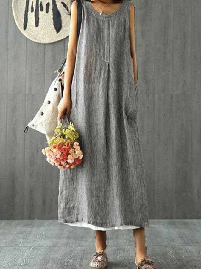 Airrys™ Women's Solid Color Round Neck Loose Sleeveless Cotton Linen Dress