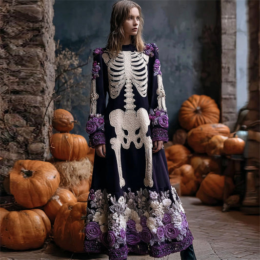Skeleton & Floral Embroidery Art Women's Flannel Maxi Dress
