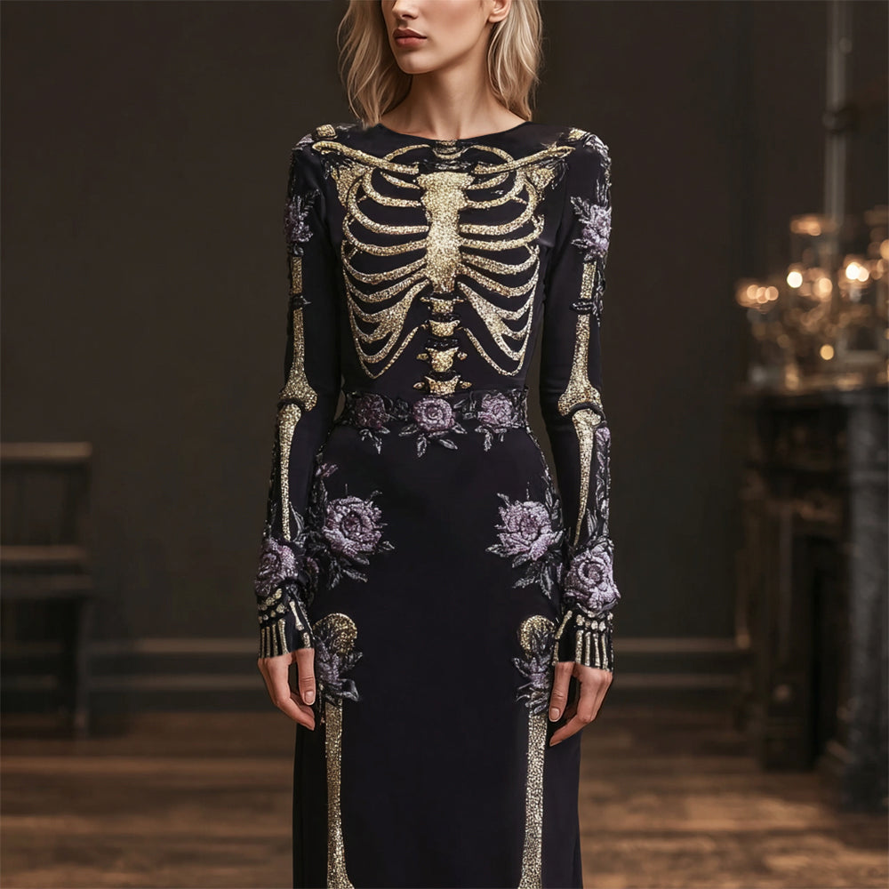 Halloween Skull Floral Sequin Art Women's Maxi Dress