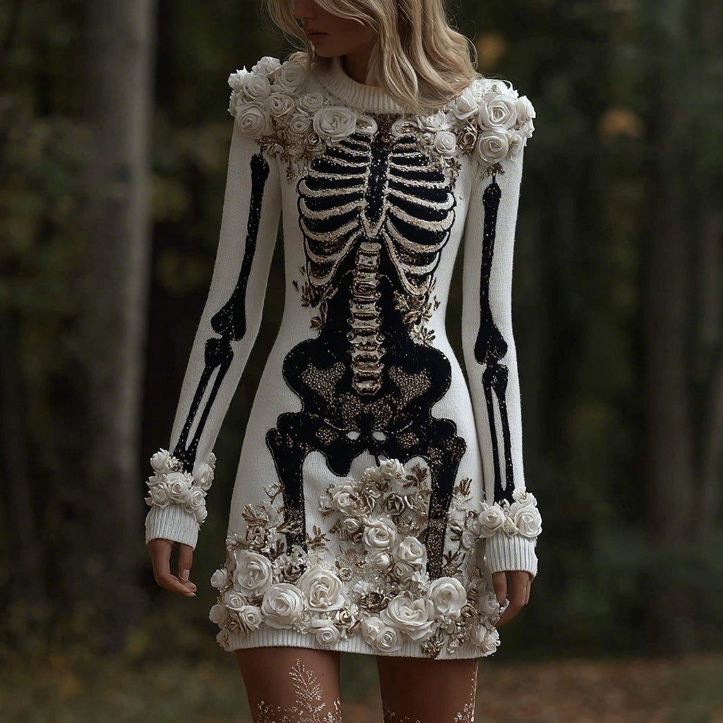 Classy Skull And Roses Art Cozy Knit Sweater Dress