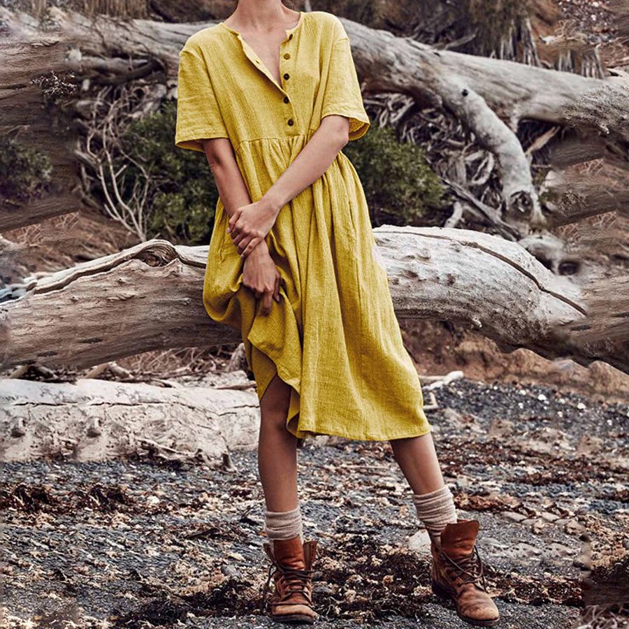 Airrys™ Pure Color Casual Cotton And Linen Short Sleeve Dress