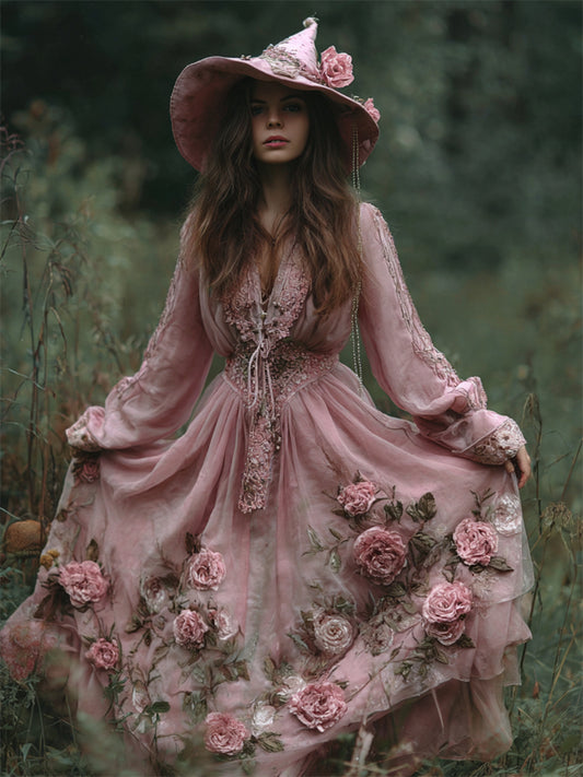 Vintage Pink Witch Roses Fiber Art Flowy Linen Dress