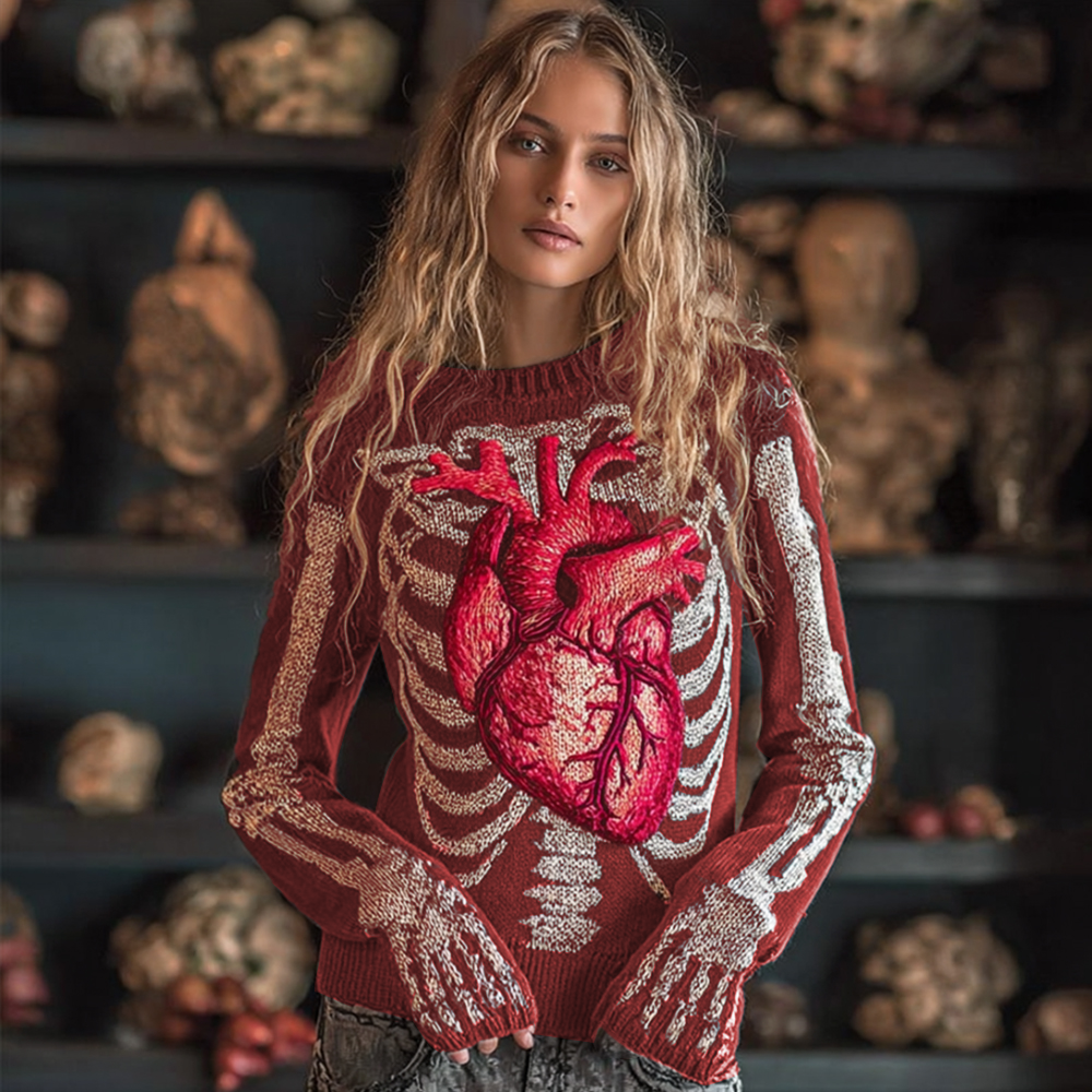 Women Halloween Human Bones Beating Red Heart Embroidery Antique Round Neck Sweater