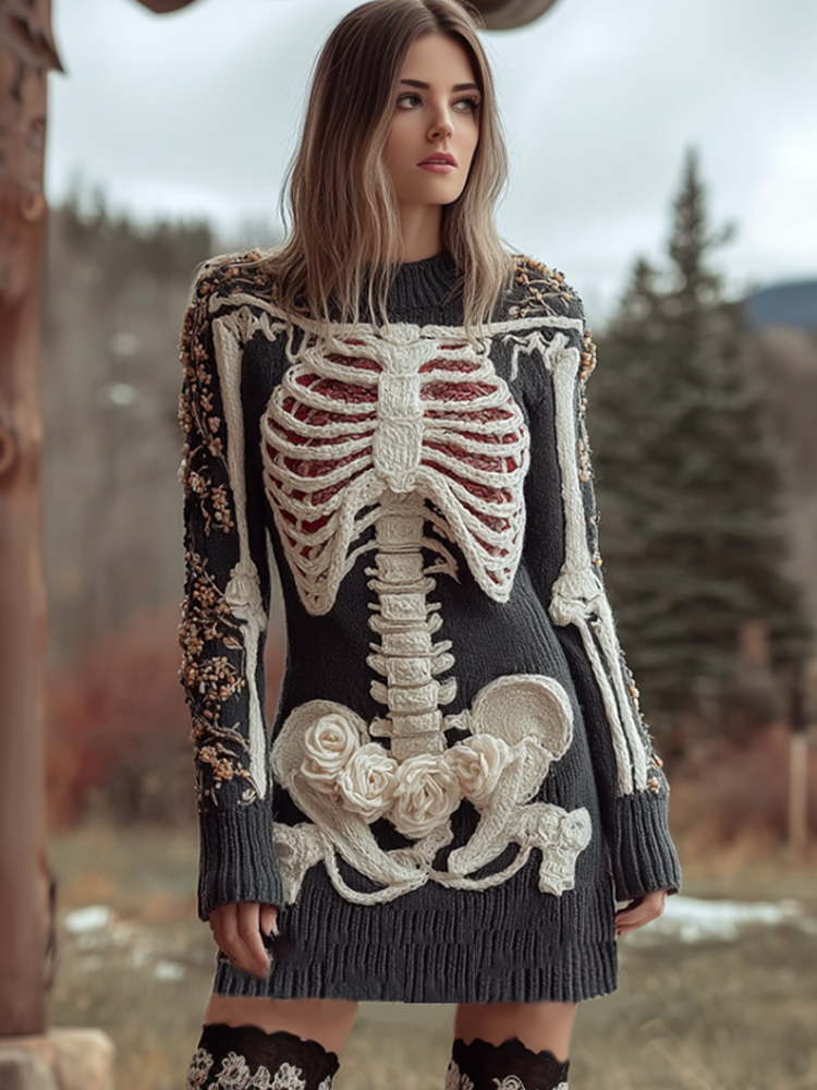 Halloween Human Anatomy Pattern And Flower Pattern Combined Design Women's Round Neck Knit Sweater Dress