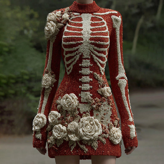 Women's Vintage Skeleton And White Rose Art Cozy Sweater Dress