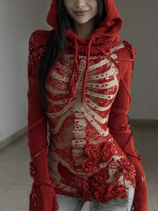 Women's Halloween Rose Skull Sequined Knitted Hooded Sweater
