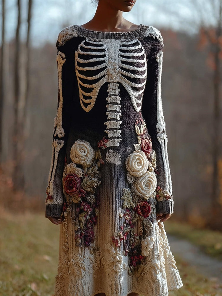 Classy Skeleton Roses Embroidered Cozy Sweater Dress