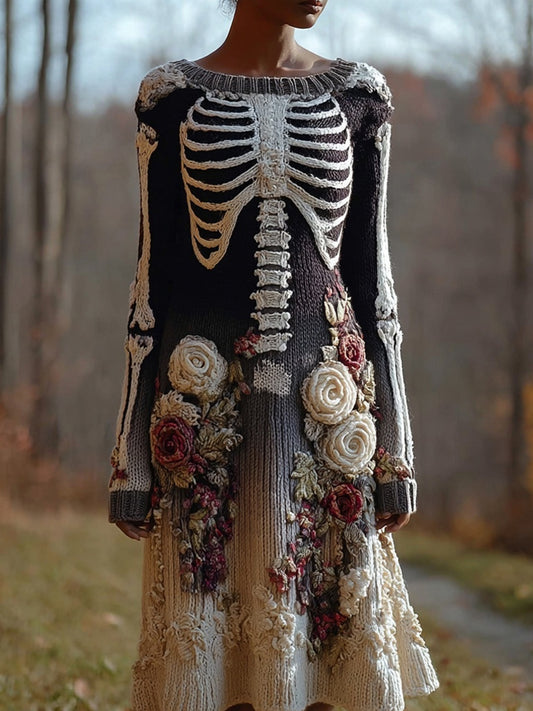Classy Skeleton Roses Embroidered Cozy Sweater Dress