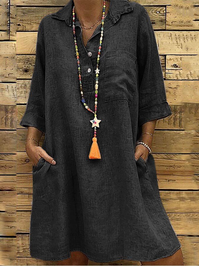 Ladies Plus Size 3/4 Sleeve Shirt Collar Casual Dress