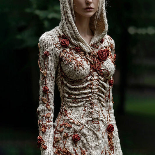 Women's Vintage Skeleton Rose Knit Hooded Sweater