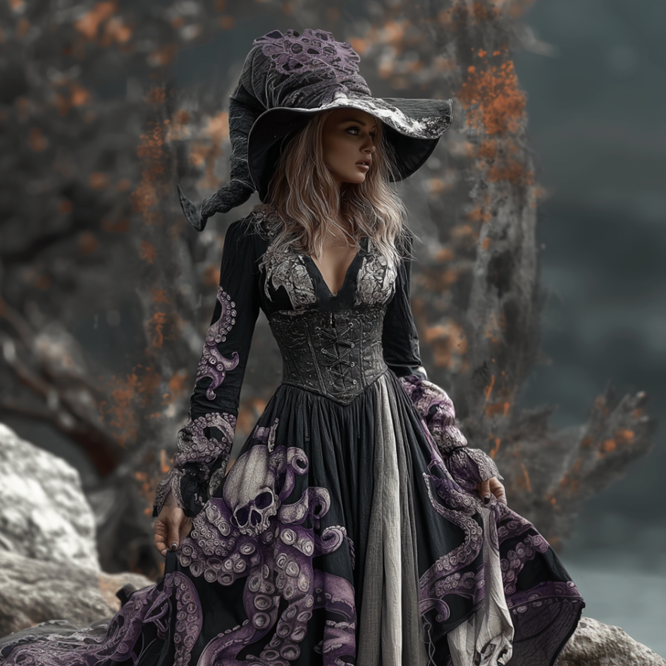 Lady's Halloween Skeleton Octopus Retro Cotton And Linen V-neck Dress