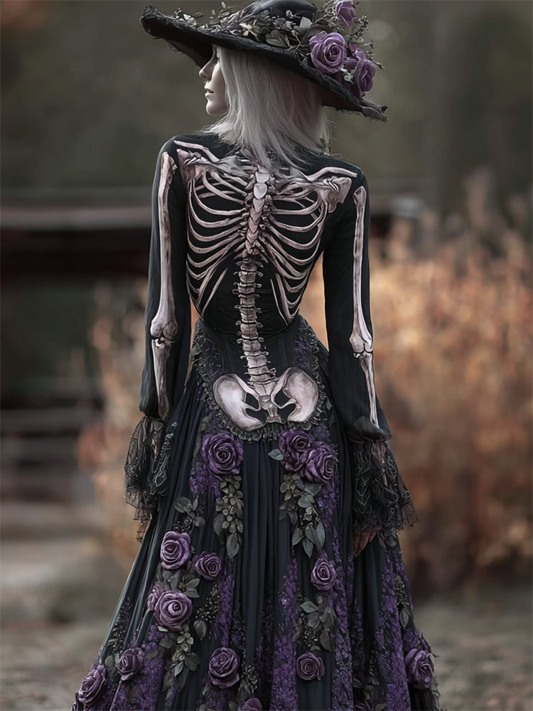 Halloween Skeleton Purple Roses Gradient Linen Maxi Dress
