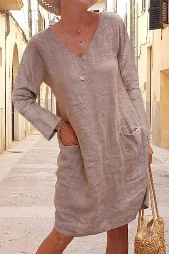 Women's  Solid Color V-Neck Loose Cotton Linen Long Sleeve Dress