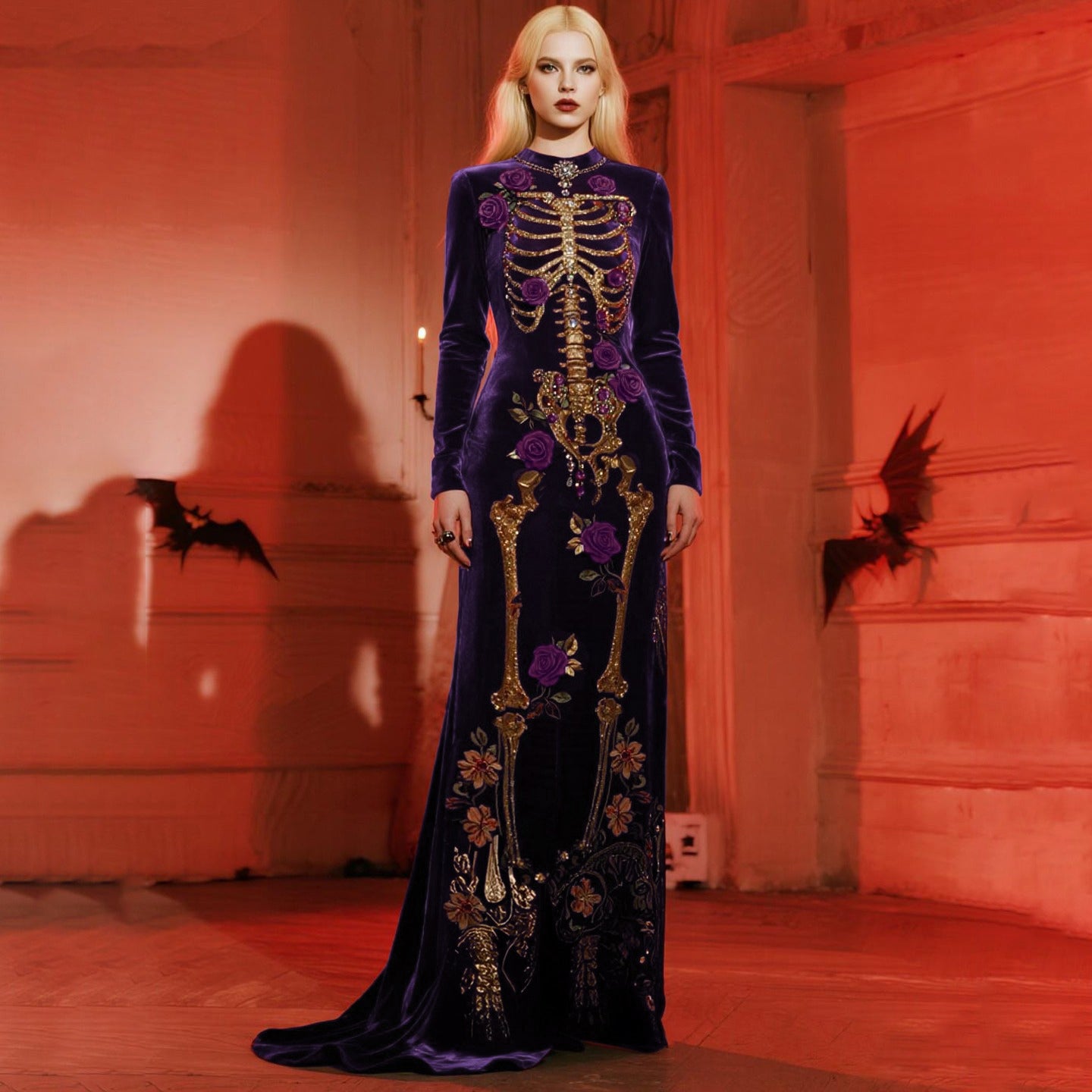 Women's Halloween Castle Rose Skeleton Velvet Round Neck Maxi Dress