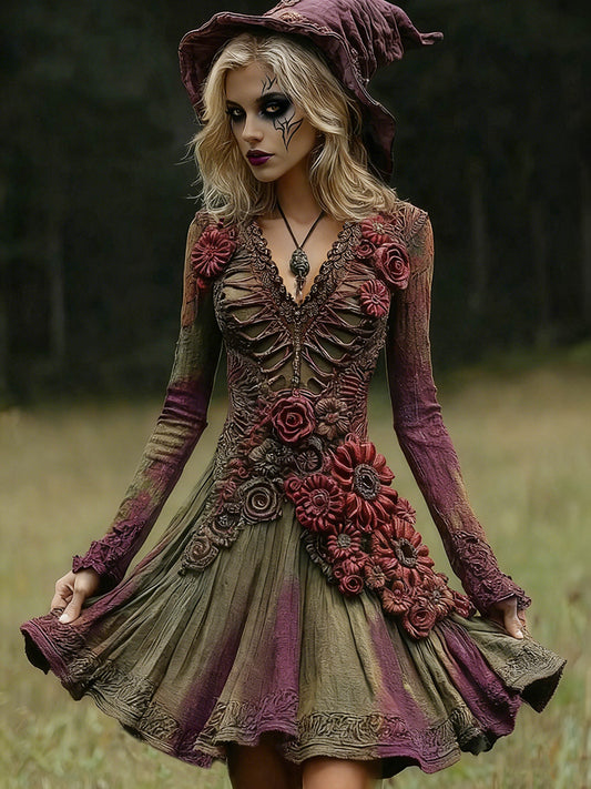 Women's Halloween Skull Floral Embroidered Witch Midi Dress