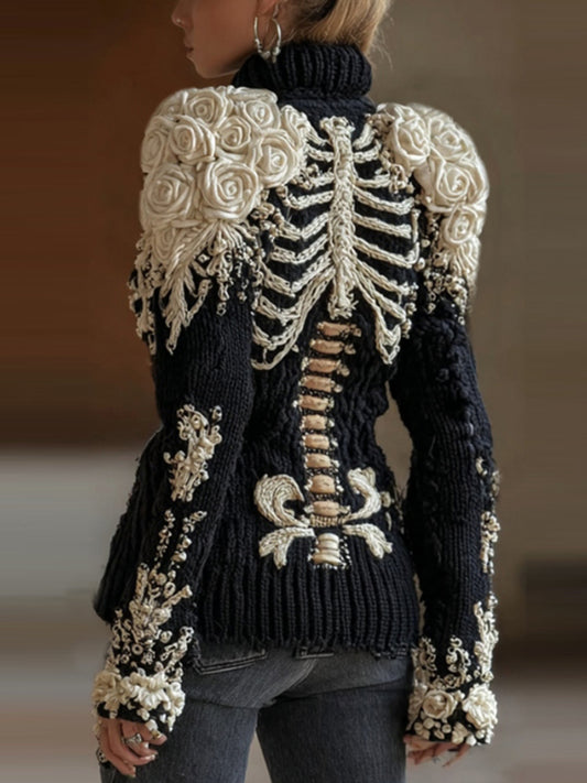 Women's Halloween Skeleton White Roses Art Knit Turtleneck Sweater