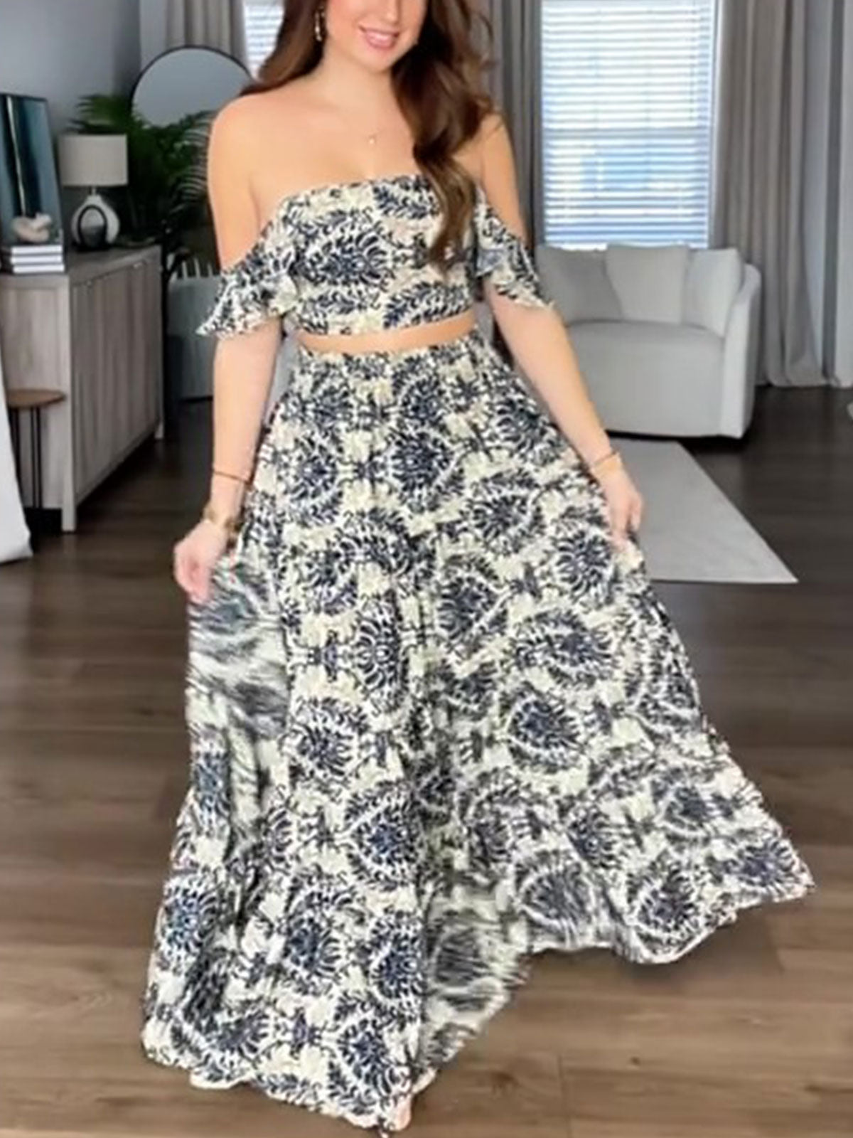 Bohemian Printed Top Skirt Suit