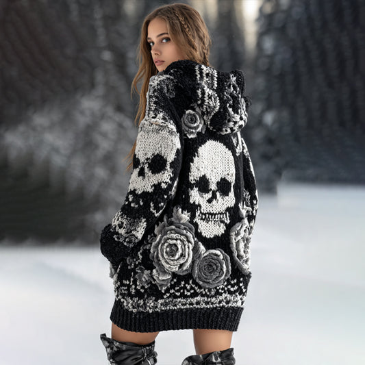 Women's Viking-style Rose And Skull Long-sleeved Hooded Sweater