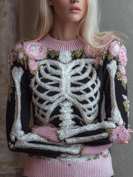 Halloween Skeleton And Plant Flower Pattern Combined Design Women's Knitted Sweater