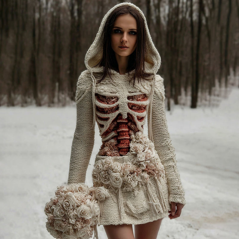 Women's Vintage Halloween Skeleton & White Floral Art Cozy Sweater Hooded Dress