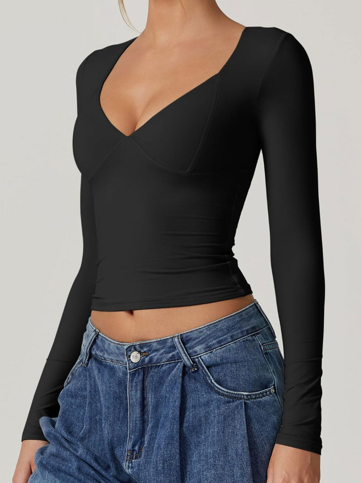 Long Sleeve V Neck T Shirts Double Lined Crop Top Seamed Cup Going Out Tops