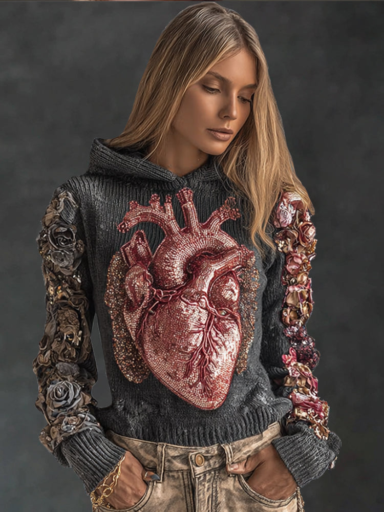 Women's Halloween Silver Pink Heart Embroidered Retro Hoodie Sweater