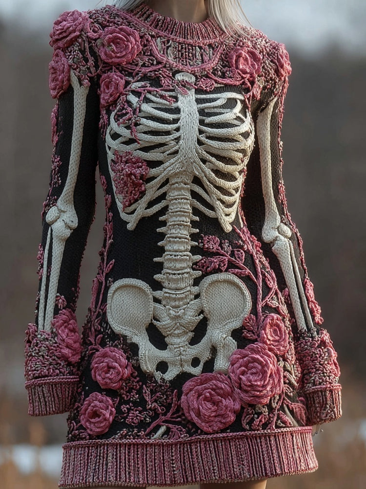 Vintage Skeleton Roses Crew Neck Comfy Sweater Dress
