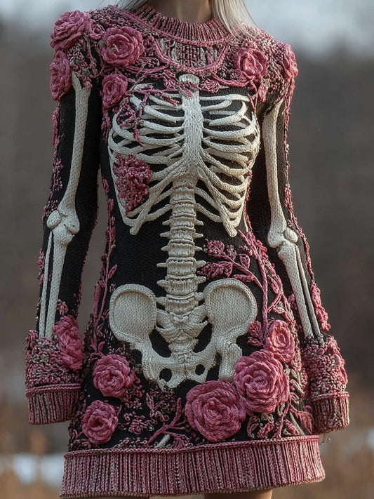 Vintage Skeleton Roses Crew Neck Comfy Sweater Dress