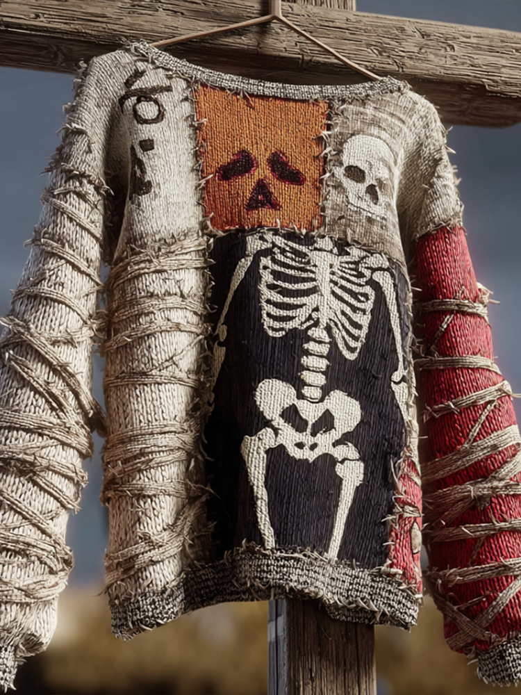 Halloween Skeleton Man Pattern Knit Round Neck Sweater
