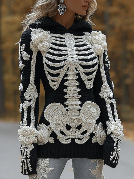 Women's Halloween Skeleton Bones With Roses Art Knitted Warm Hooded Sweater