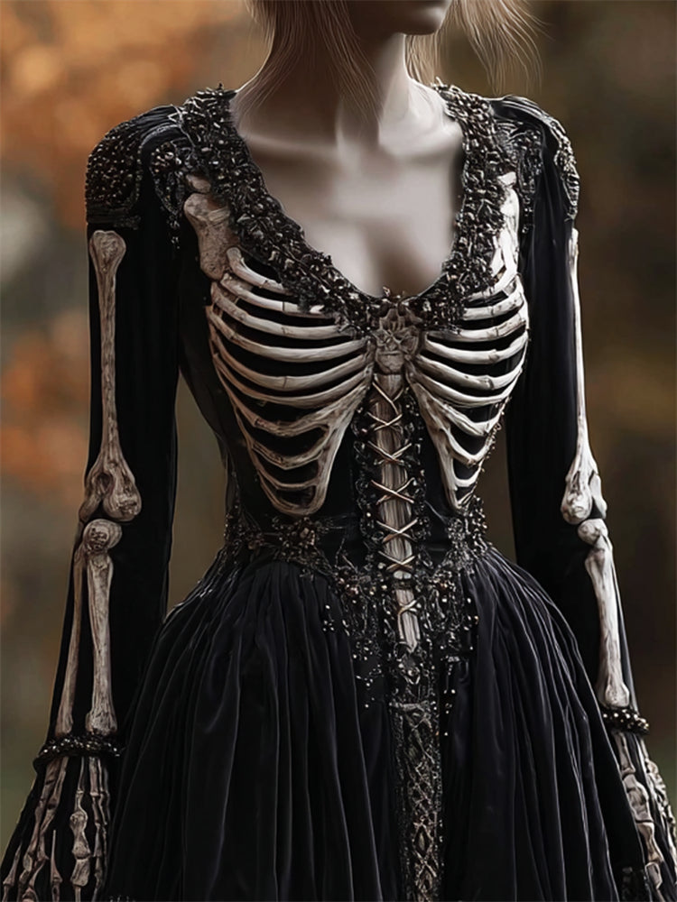 Vintage Skeleton Anatomy Beaded Classy Velvet Maxi Dress