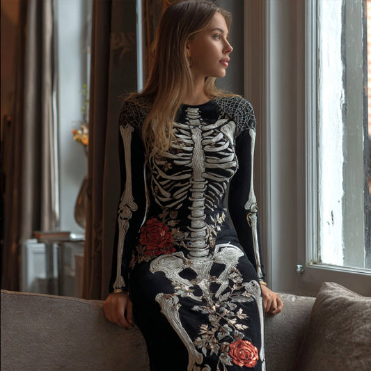 Women's Halloween Skeleton Rose Velvet Long Dress