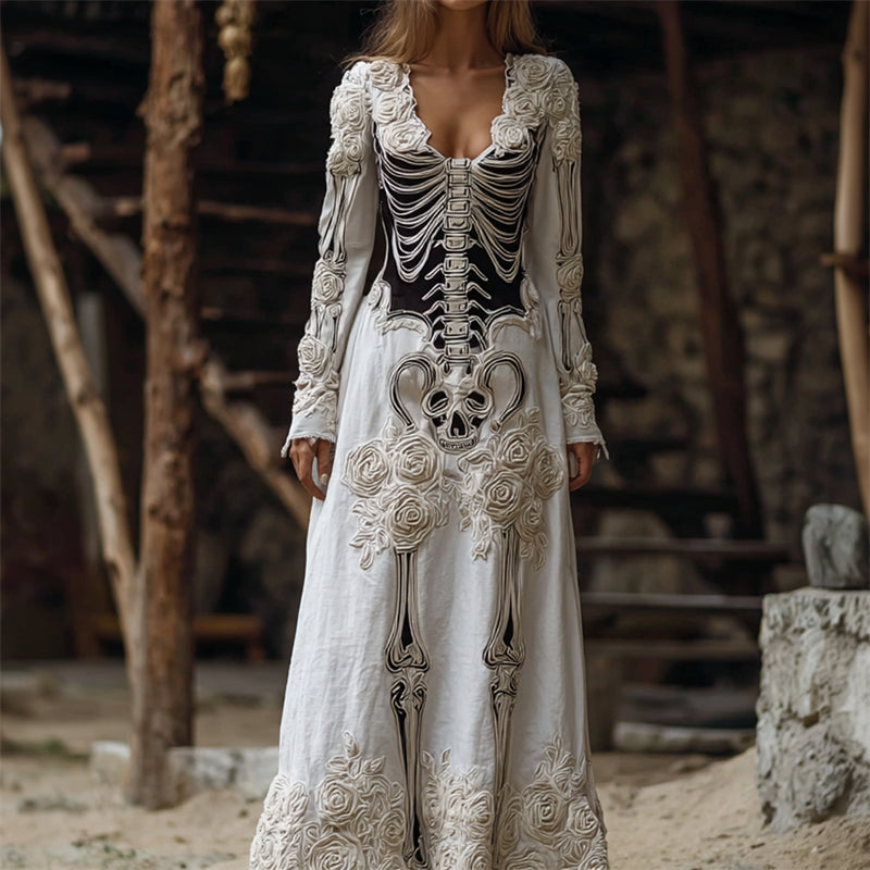 Vintage Skeleton White Floral Flowy Linen Maxi Dress