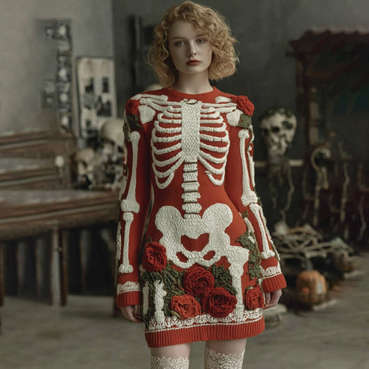Women's Vintage Halloween Skeleton Bones Rose Comfortable Elegant Sweater Dress
