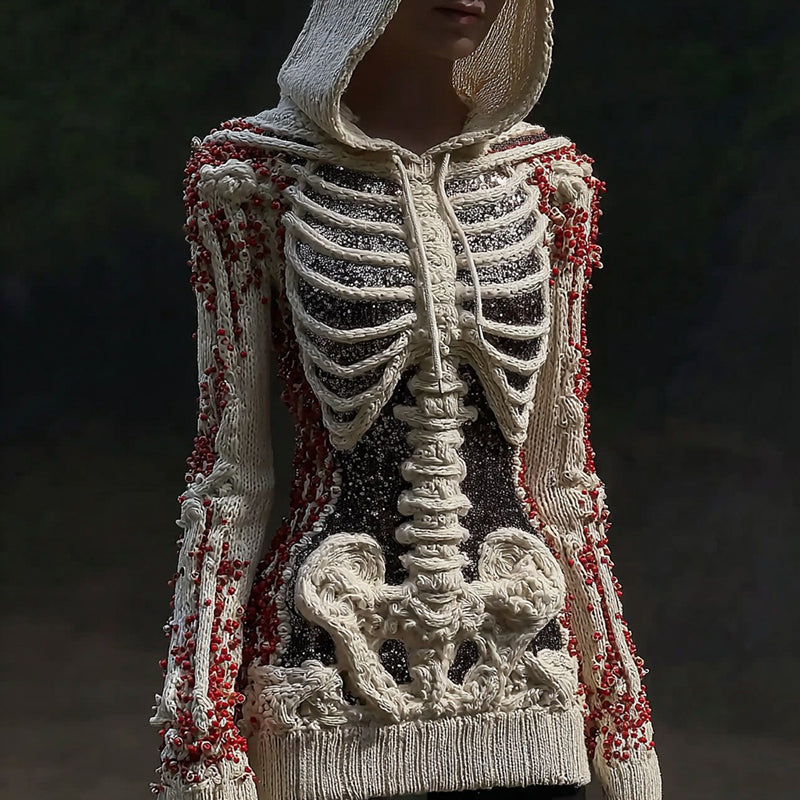 Women's Vintage Halloween Skull And Sequin Art Knitted Warm Hooded Sweater
