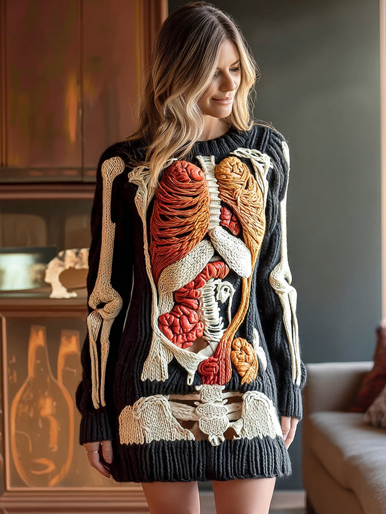 Women's Vintage Halloween Human Organ Art Cozy Knit Sweater Mini Dress