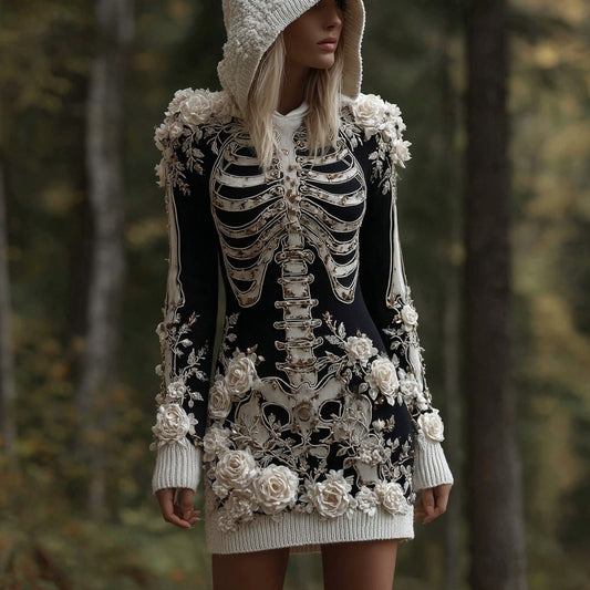 Women's Vintage Skeleton & White Rose Art Cozy Sweater Hooded Dress