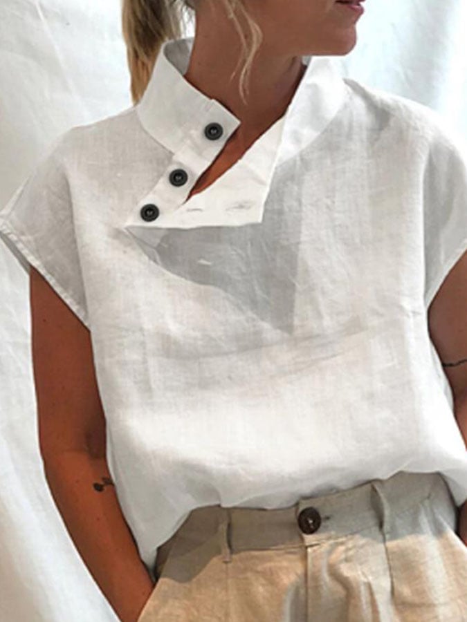 Button V-Neck Solid Color Shirt