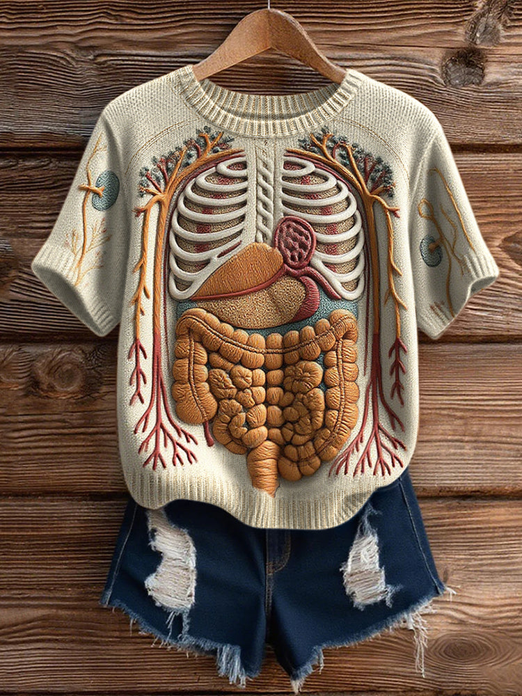 Vintage Classic Halloween Anatomy Art Short Sleeve Chunky Knitted Sweater