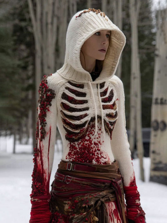 Women's Vintage Skeleton Gradient Knit Hooded Sweater