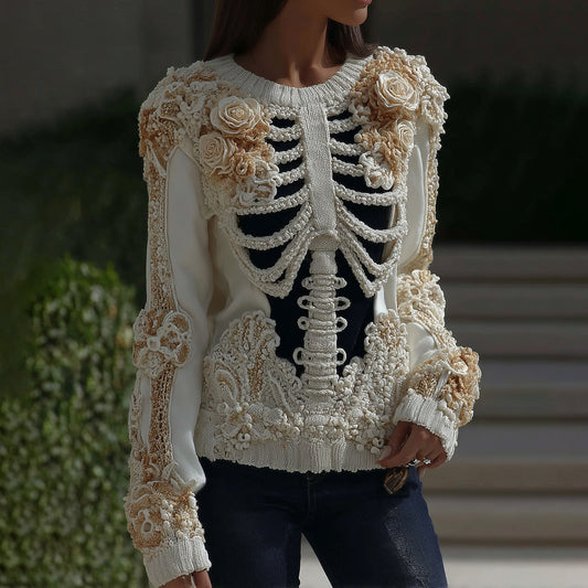 Women's Halloween Skeleton Bones With Roses Art Knitted Warm Sweater